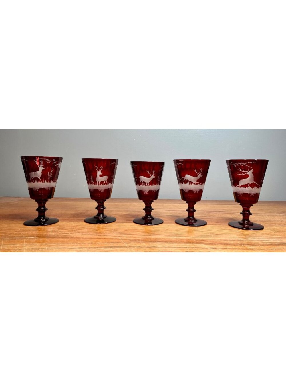 Set of 5 Vintage Egermann Red Bohemian stemmed paneled wine goblet/cordial glass